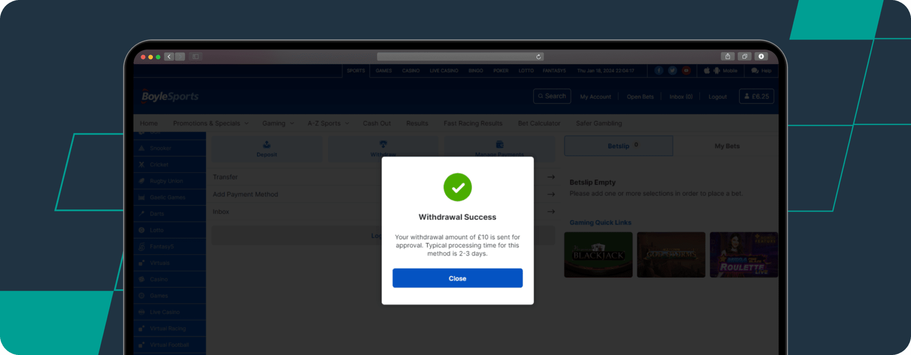 boylesports withdrawal complete page screenshot