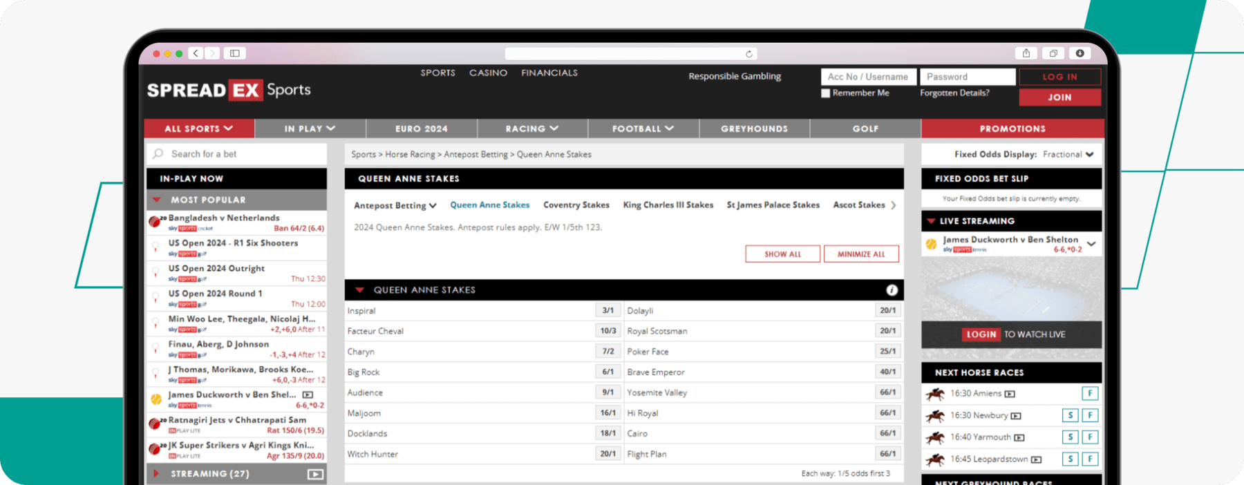 Screenshot of Spreadex Royal Ascot Betting Markets desktop