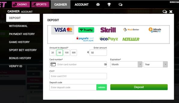 2kBet Deposit Options Screenshot