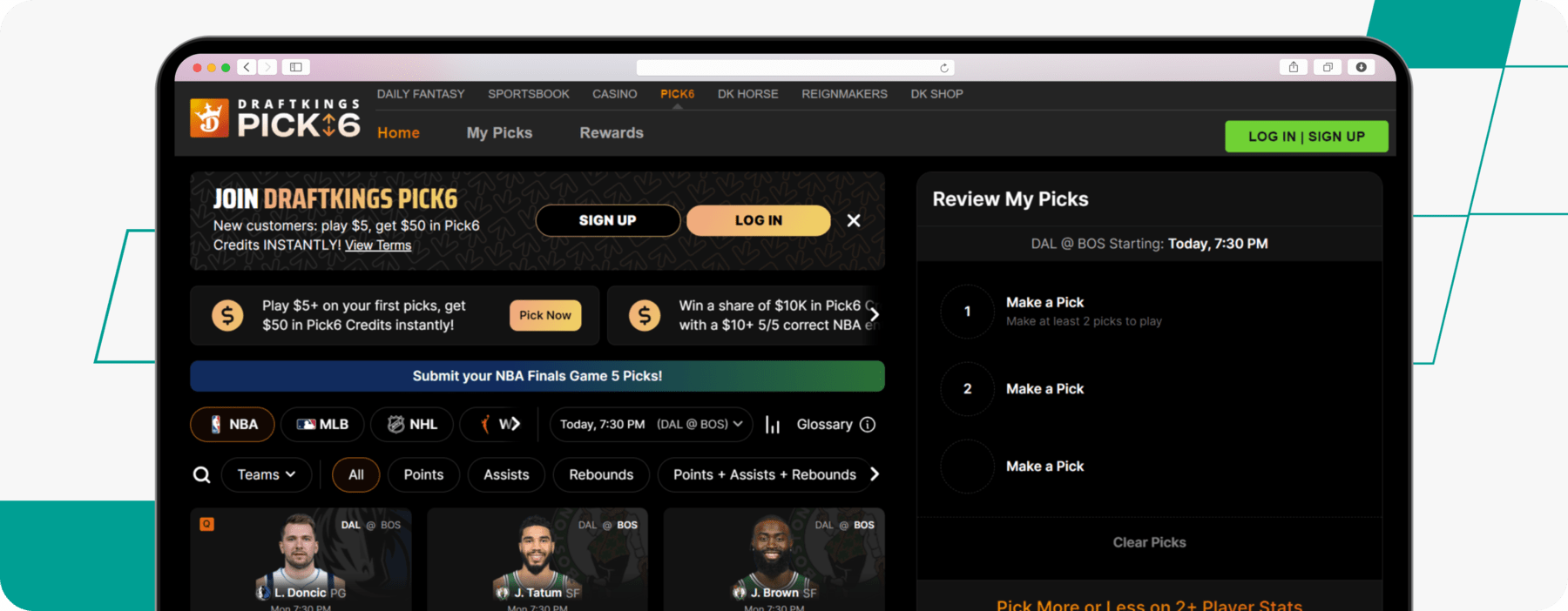 DraftKings pick 6 offer desktop screenshot