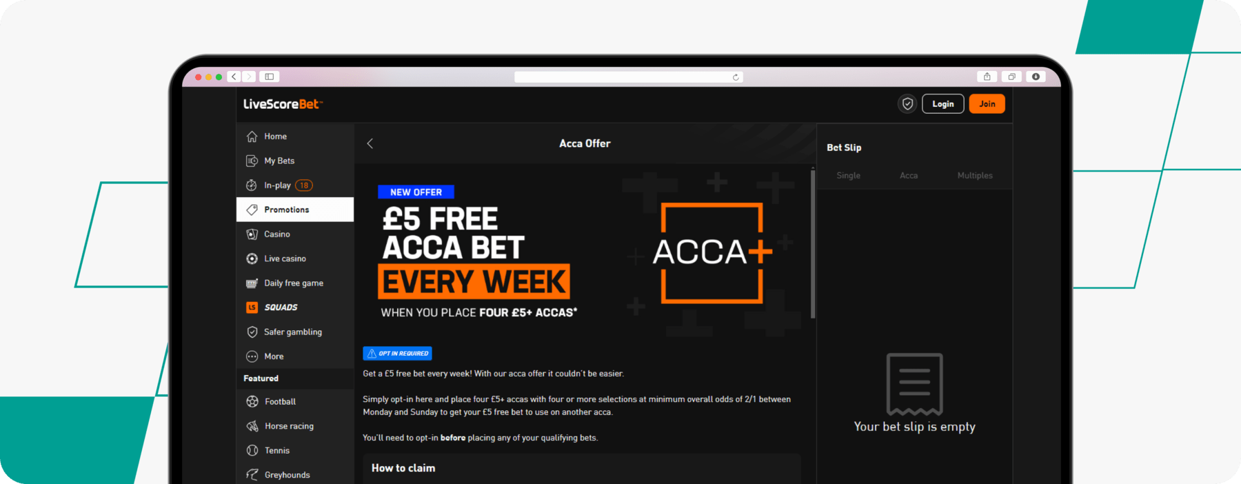 screenshot of livescore bet free acca bet offer