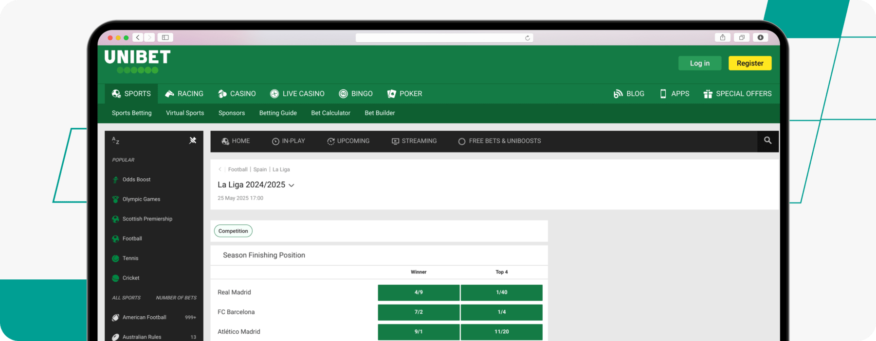 screenshot of unibet la liga betting odds